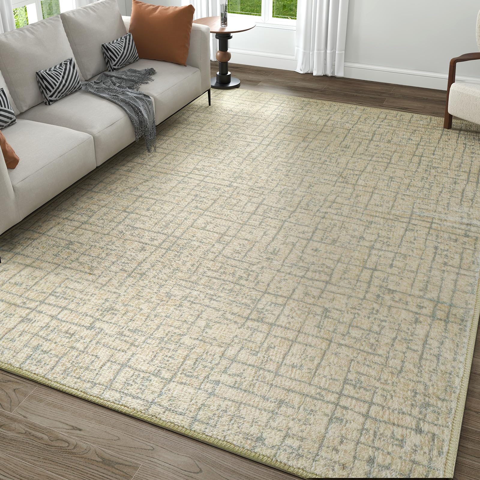 Belffin Area Rugs 5x7, Medium Thick Washable Living Room Rug, Abstract Lines Modern Floor Carpet for Bedroom, Dining Room and Kitchen, No-Slip, Stain Resistant, Foldable, Beige