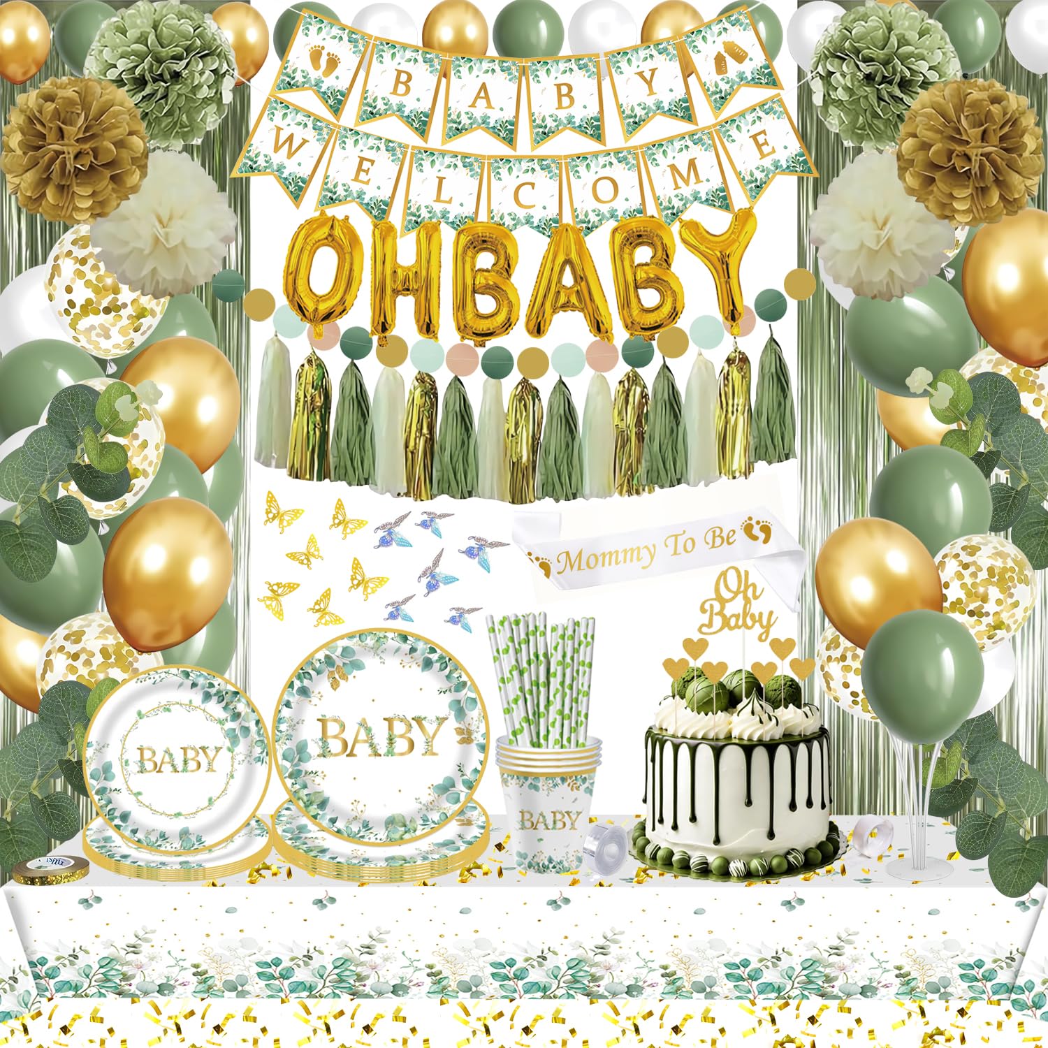 234 Pcs Sage Green Baby Shower Decorations, Neutral Baby Shower Decor Supplies- Disposable Dinnerware Set With Eucalyptus Leaf, "OH BABY" Banner, Balloon, Sash, Cake Topper, Paper Balls, Garland