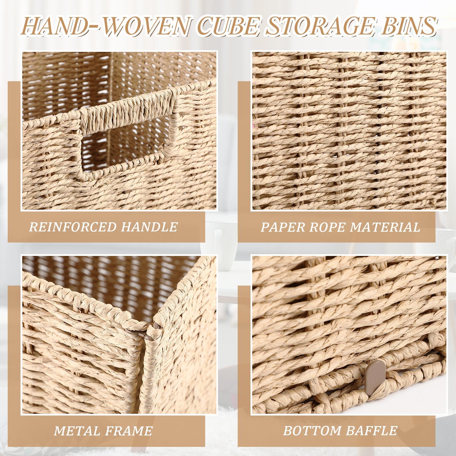 Vesici 12 Pcs Wicker Baskets Storage 11 Inch Wicker Baskets for Cube Rattan Storage Baskets Foldable Large Woven Wicker Basket with Handles for Organizer Shelves Pantry Living Room (Beige)