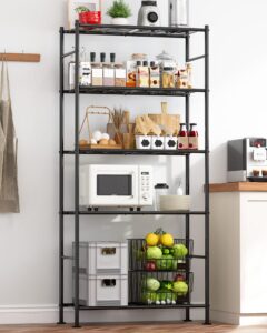 sakugi storage shelves - 5 tier shelf organizer, heavy duty garage shelving unit with leveling feet, stable metal shelves organizer for pantry, kitchen and closet, 33.1" w x 12.6" d x 72.0" h, black