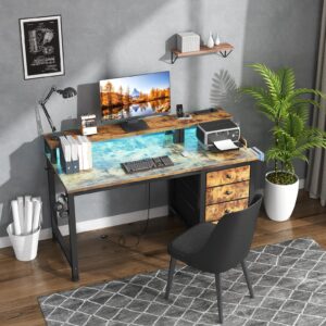 Lufeiya Computer Desk with Fabric Drawers, 47 inch Home Office Desk with Monitor Stand, Gaming Desk with LED Lights and Power Outlets, Rustic Brown