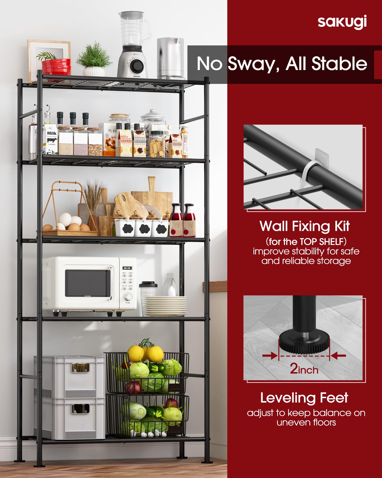 Sakugi Storage Shelves - 5 Tier Shelf Organizer, Heavy Duty Garage Shelving Unit with Leveling Feet, Stable Metal Shelves Organizer for Pantry, Kitchen and Closet, 33.1" W X 12.6" D X 72.0" H, Black