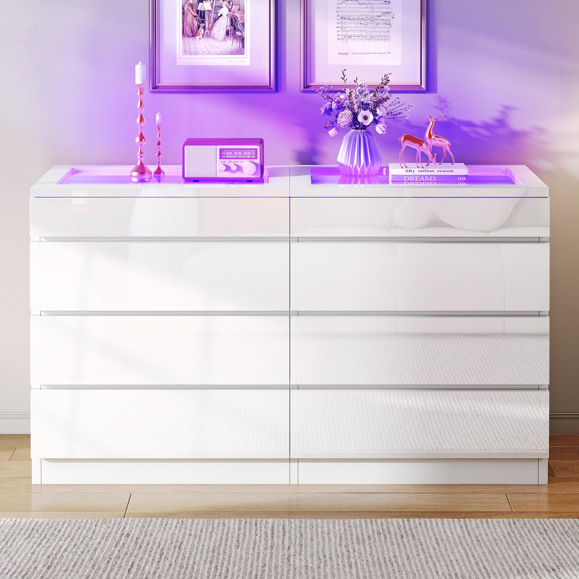 DWVO 8 Drawer Dresser with LED, White Dresser, Modern 8 Chest of Drawers with Deep Drawers Glass Top High Gloss Surface, Storage Organizer Cabinet for Living Room