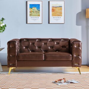 qhitty chesterfield loveseat, modern 2 seater accent sofa faux leather couch with square arms and metal tufted button, metal legs for living room, office, bedroom (brown)