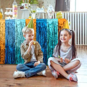 Blue Dog Birthday Party Decorations, Wavy Blue Orange Table Skirt Metallic Tinsel Foil Fringe Streamers for Square or Round Table (6ft/8ft), Blue Dog Themed Party Supplies - 29x108 Inches (2 Pcs)