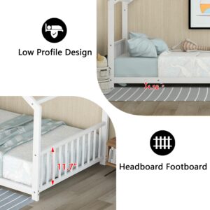 Kids Montessori Floor Bed with Headboard and Footboard, Metal Floor Bed with Slats, Twin Size House Floor Bed for Kids, White Montessori Bed Frame Twin Size