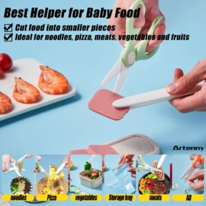 Baby Food Scissors with Travel Case and Tongs Set, Fully Detachable Ceramic Kids Food Scissors with Safety Lock, Dishwasher Safe, Ideal for Noodles, Meats, Vegetables, Pizza and Fruits (A)