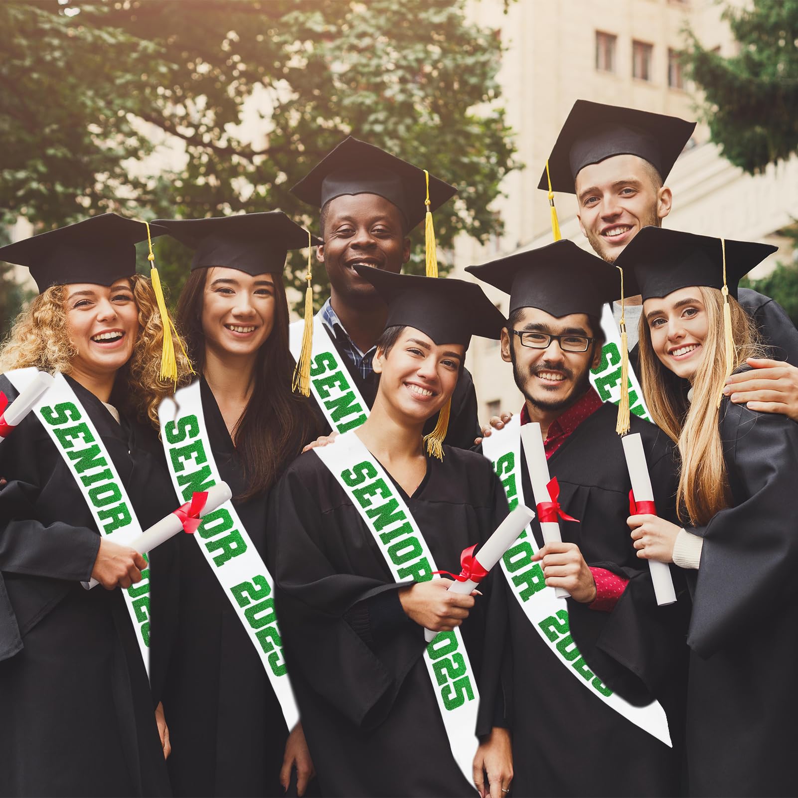 Generic 8 Pcs White Senior 2025 Sashes with Green Glitter Letters - Graduation Celebration sash, Senior Sashes Class of 2025, Senior Cheer Sash, Class Competition Sashes, Graduation Party Supplies