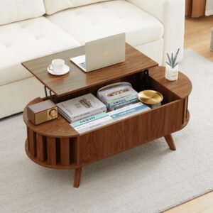 Wood Lift Top Coffee Table with Hidden Storage, 47.24" Oval Lift Table Top Curved Profile Design Low Tea Table for Living Room, Office(Walnut)