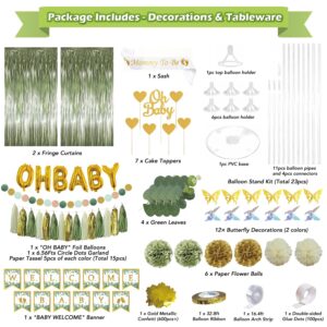 234 Pcs Sage Green Baby Shower Decorations, Neutral Baby Shower Decor Supplies- Disposable Dinnerware Set With Eucalyptus Leaf, "OH BABY" Banner, Balloon, Sash, Cake Topper, Paper Balls, Garland