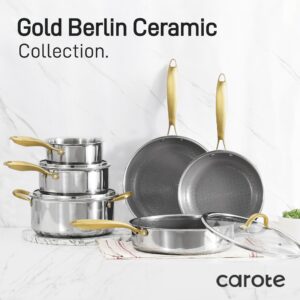 CAROTE Ceramic Tri-Ply Stainless Steel Cookware Set, 10Pcs Stainless Steel Pots and Pans with Tempered Glass Lids, Stay-Cool Handles, Dishwasher and Oven Safe up to 500°F