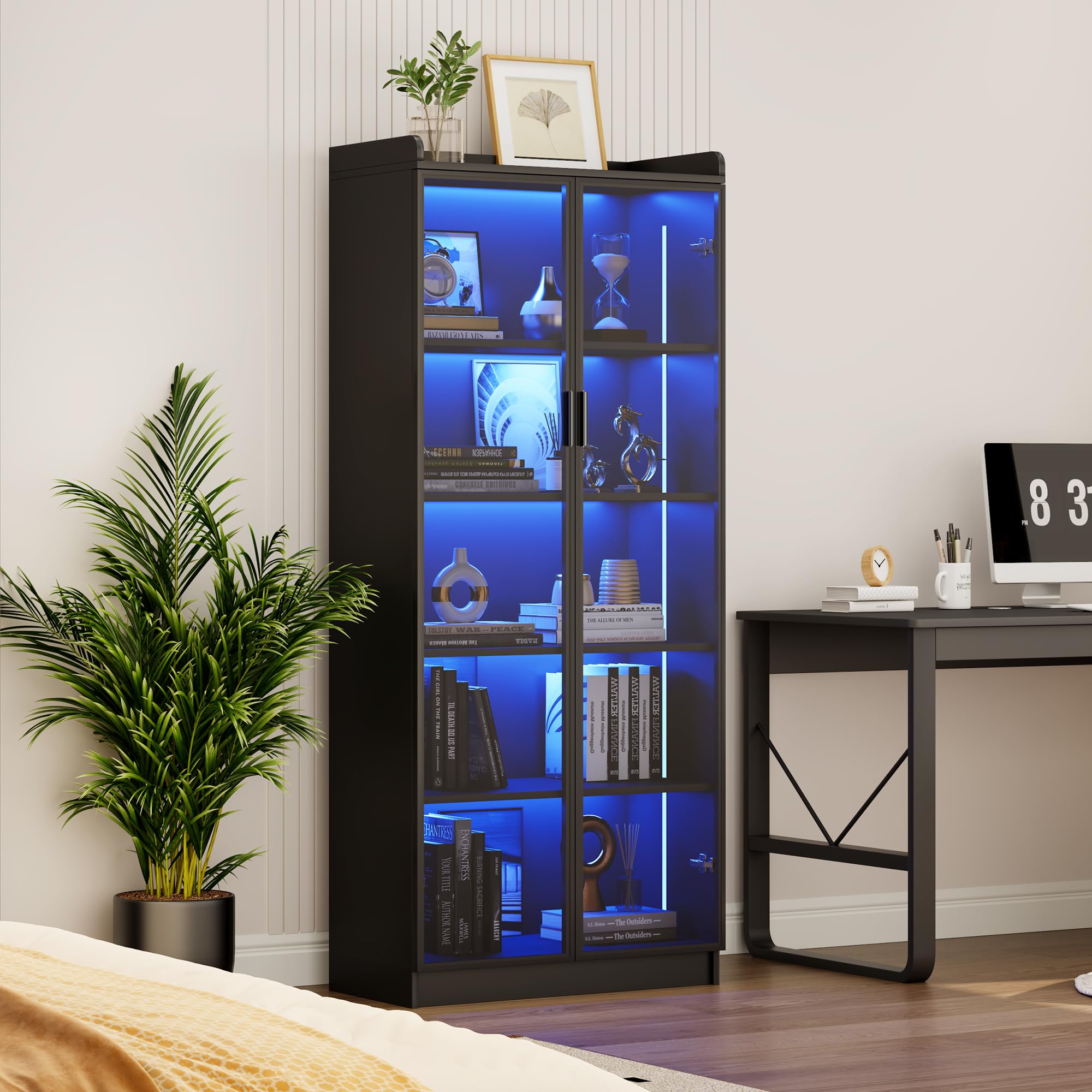 Dystler Display Cabinet with Doors and Adjustable Shelves, 65" Tall Bookcase with LED Lights/Human Sensor, 5 Tier Display Case for Collectibles Bedroom Living Room Office, Black