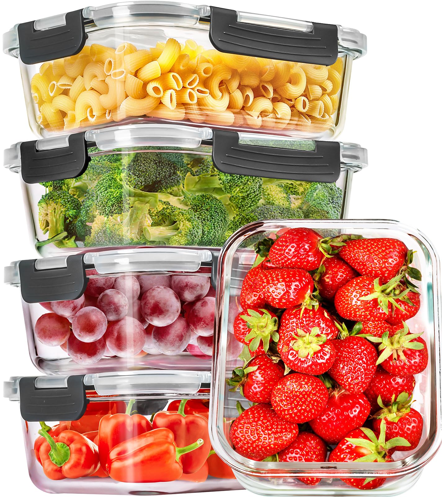 CEKEE Glass Meal Prep Containers with Lids, 5 Pack 36 OZ Glass Food Storage Containers, Airtight Glass Lunch Containers Set, Salad Container for Microwave, Oven, Freezer & Dishwasher Safe