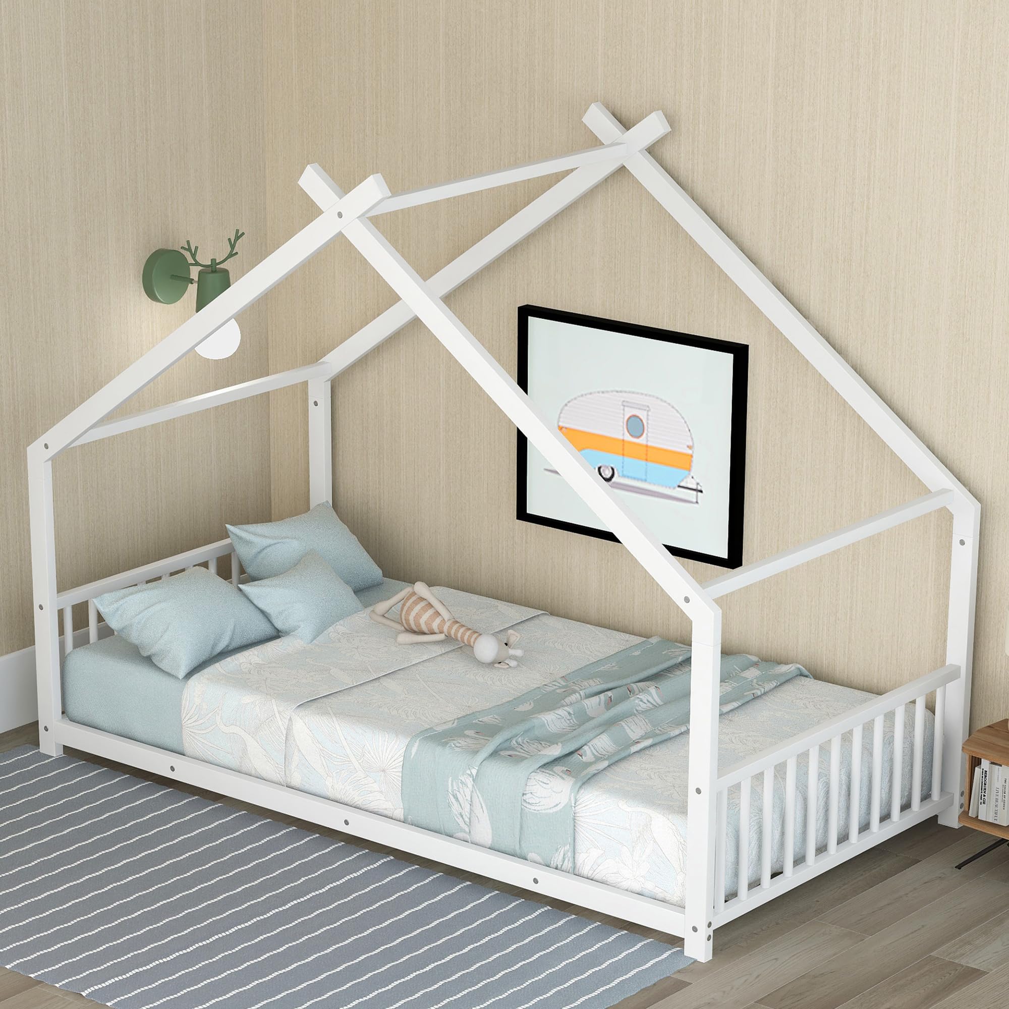 Kids Montessori Floor Bed with Headboard and Footboard, Metal Floor Bed with Slats, Twin Size House Floor Bed for Kids, White Montessori Bed Frame Twin Size