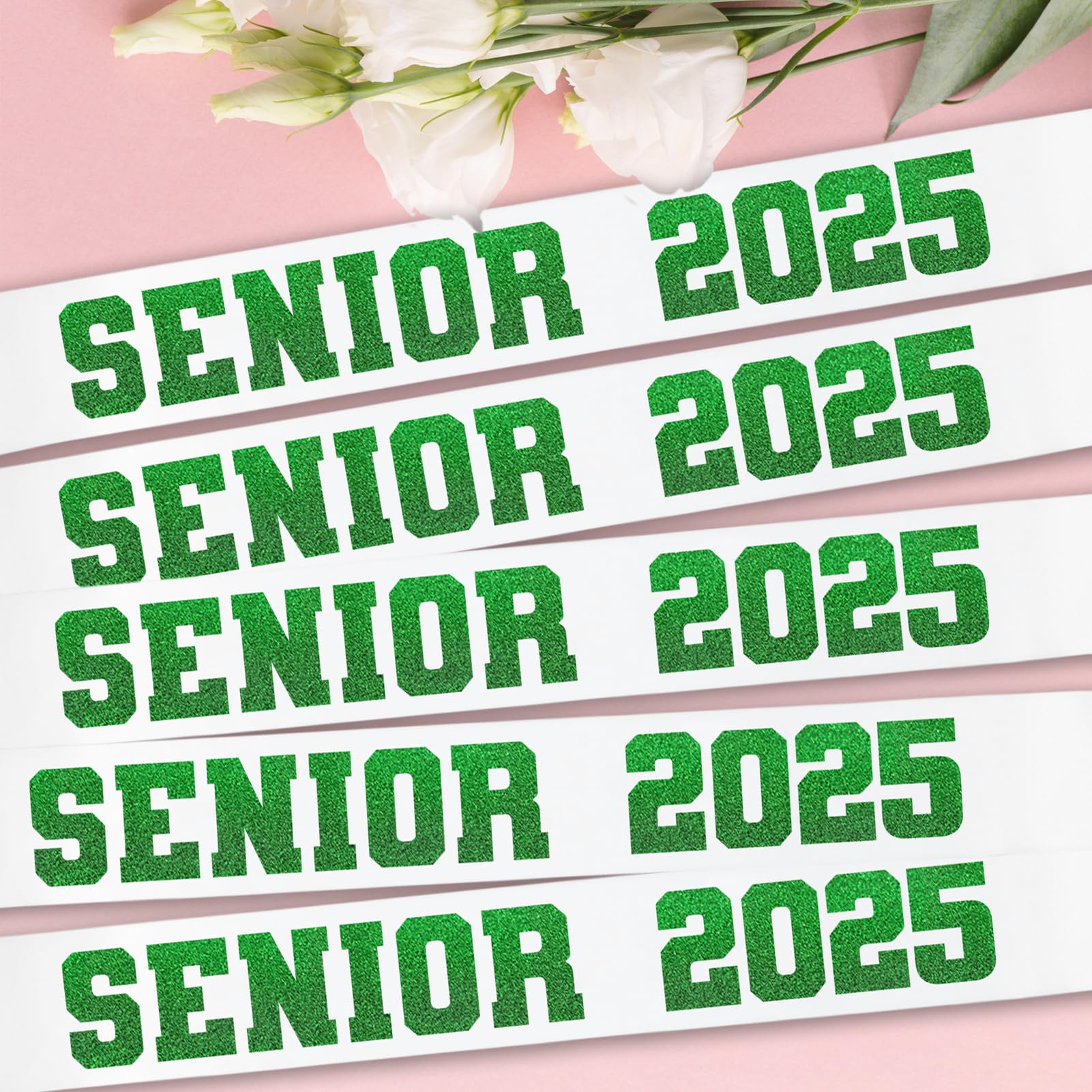 Generic 8 Pcs White Senior 2025 Sashes with Green Glitter Letters - Graduation Celebration sash, Senior Sashes Class of 2025, Senior Cheer Sash, Class Competition Sashes, Graduation Party Supplies