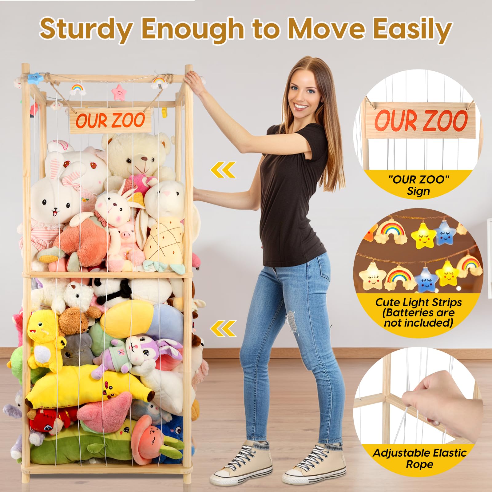 Extra Large Stuffed Animal Storage Wooden Stuff Animal Organizer 63" Stuffed Animal Holder Stuffed Animal Zoo Kids Plush Toys Cage Stuffed Animal Display for Playroom Bedroom Nursery Room Decor Corner