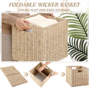 Vesici 12 Pcs Wicker Baskets Storage 11 Inch Wicker Baskets for Cube Rattan Storage Baskets Foldable Large Woven Wicker Basket with Handles for Organizer Shelves Pantry Living Room (Beige)