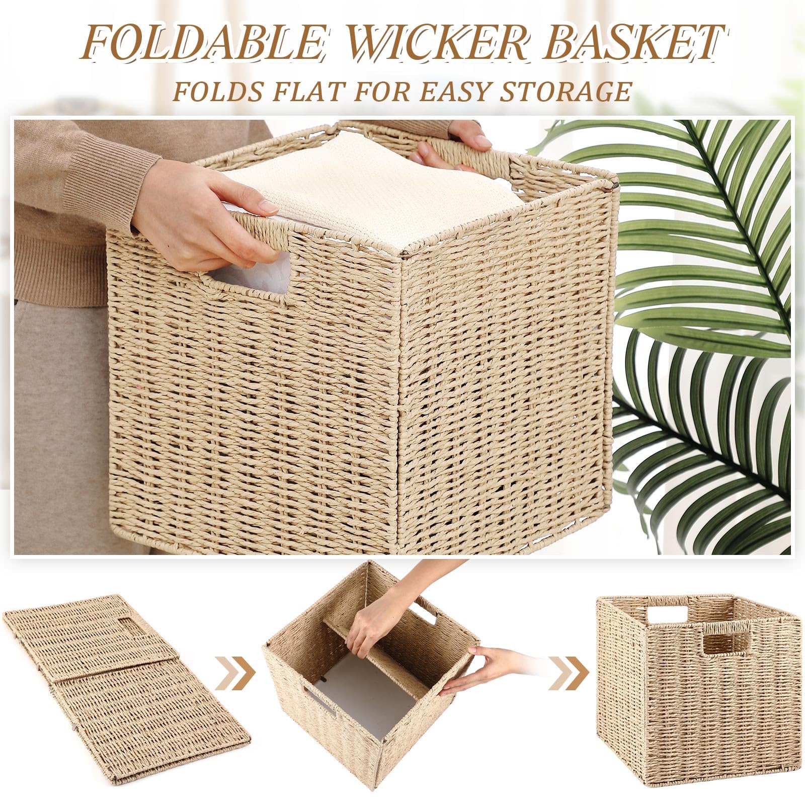 Vesici 12 Pcs Wicker Baskets Storage 11 Inch Wicker Baskets for Cube Rattan Storage Baskets Foldable Large Woven Wicker Basket with Handles for Organizer Shelves Pantry Living Room (Beige)