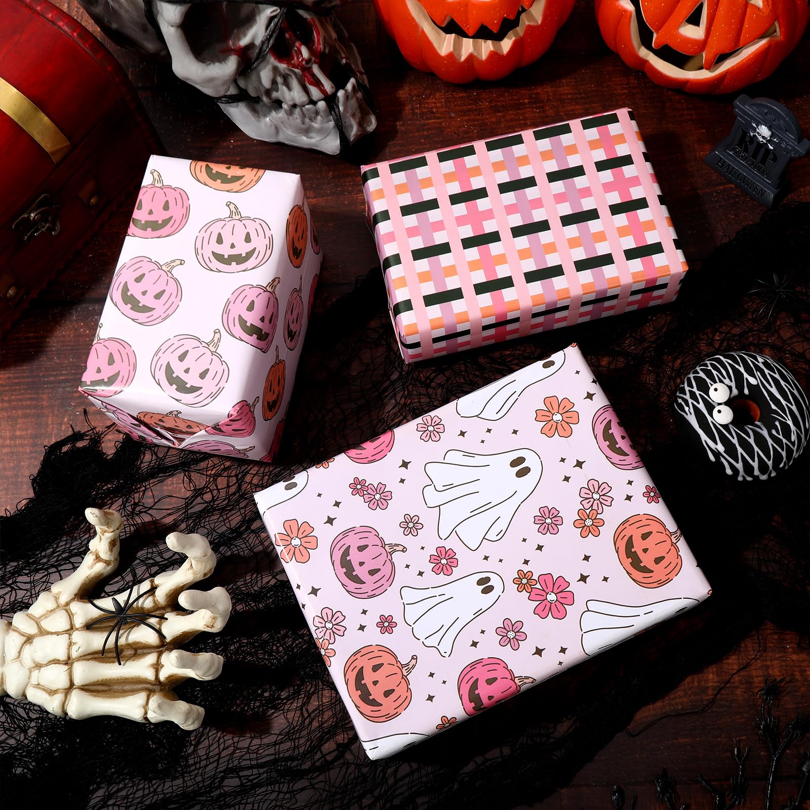 Generic AnyDesign 12 Sheets Halloween Wrapping Paper - Not Roll - Pink White Ghost Pumpkin Gift Wrap Paper Folded Flat Cute Art Paper for DIY Crafts, 19.7 x 27.6 Inch