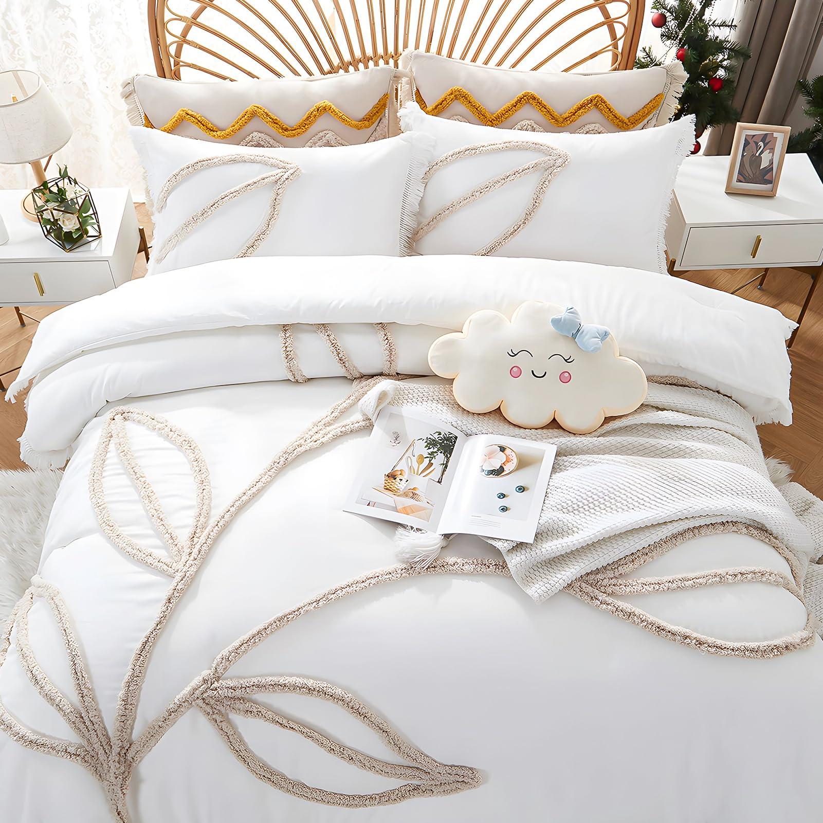 Rvciby Boho Leaf Duvet Cover Queen Size,Soft Microfiber Bedding Set with Tassel and Tufted Pattern,3 Pieces,1 Duvet Cover with Zipper Closure & Corner Ties and 2 Pillow Shams,90 X 90 Inches (White)