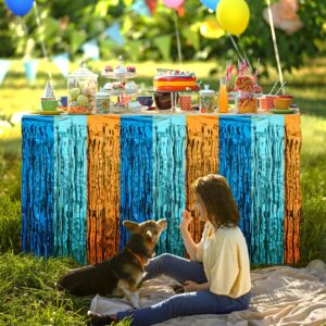 Blue Dog Birthday Party Decorations, Wavy Blue Orange Table Skirt Metallic Tinsel Foil Fringe Streamers for Square or Round Table (6ft/8ft), Blue Dog Themed Party Supplies - 29x108 Inches (2 Pcs)