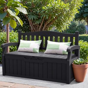 Greesum 70 Gallon Outdoor Storage Bench, Resin Patio Furniture with Armrest,Waterproof and Durable, Perfect to Garden, Poolside and Lawn, Black