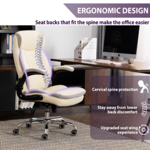 Executive Office Chair,Ergonomic Desk Chair with Adjustable Flip-Up Arms,Computer Office Desk Chair with Rocking Function(Cream)