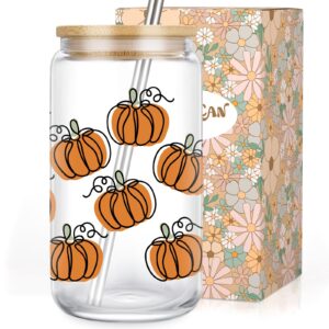 leado fall pumpkin cup, halloween iced coffee cup, 16 oz aesthetic cute glass cups with lids and straws, thanksgiving tumbler mug - fall gifts, halloween boo basket gifts for women, her, adult