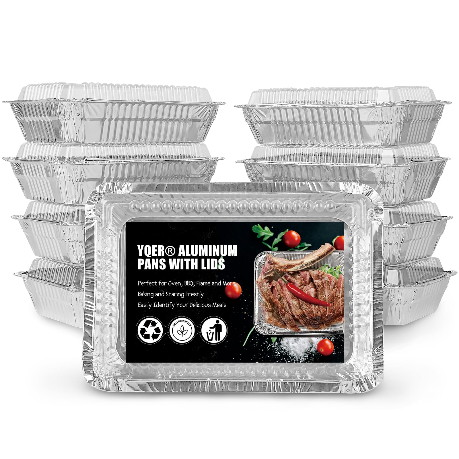 YQER 10 Pack Aluminum To Go Containers with Clear Lids, 2.25 LB Capacity (8.5''X6'') Small Aluminum Foil Pans - 10 Heavy Duty Foil Food Containers & 10 Clear Lids, Disposable Tin Foil Trays for Baking