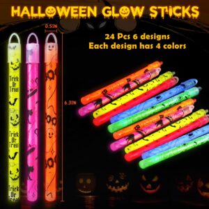 24 Pcs Halloween Party Favors Glow Stick with Gift Cards,Halloween Light Up Toys Bulk Hanging Wands,Halloween Decoration Goodie Bags Fillers Basket Stuffers Classroom Prizes for Kids Trick or Treats