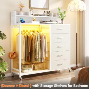 Cyclysio Dresser for Bedroom with Clothes Rack & Shelves, White 5 Drawers Dresser with Charging Station & LED Lights, Chest of Drawers with Lockable Wheels, Storage Shelves, Bedroom, Closet,Entryway