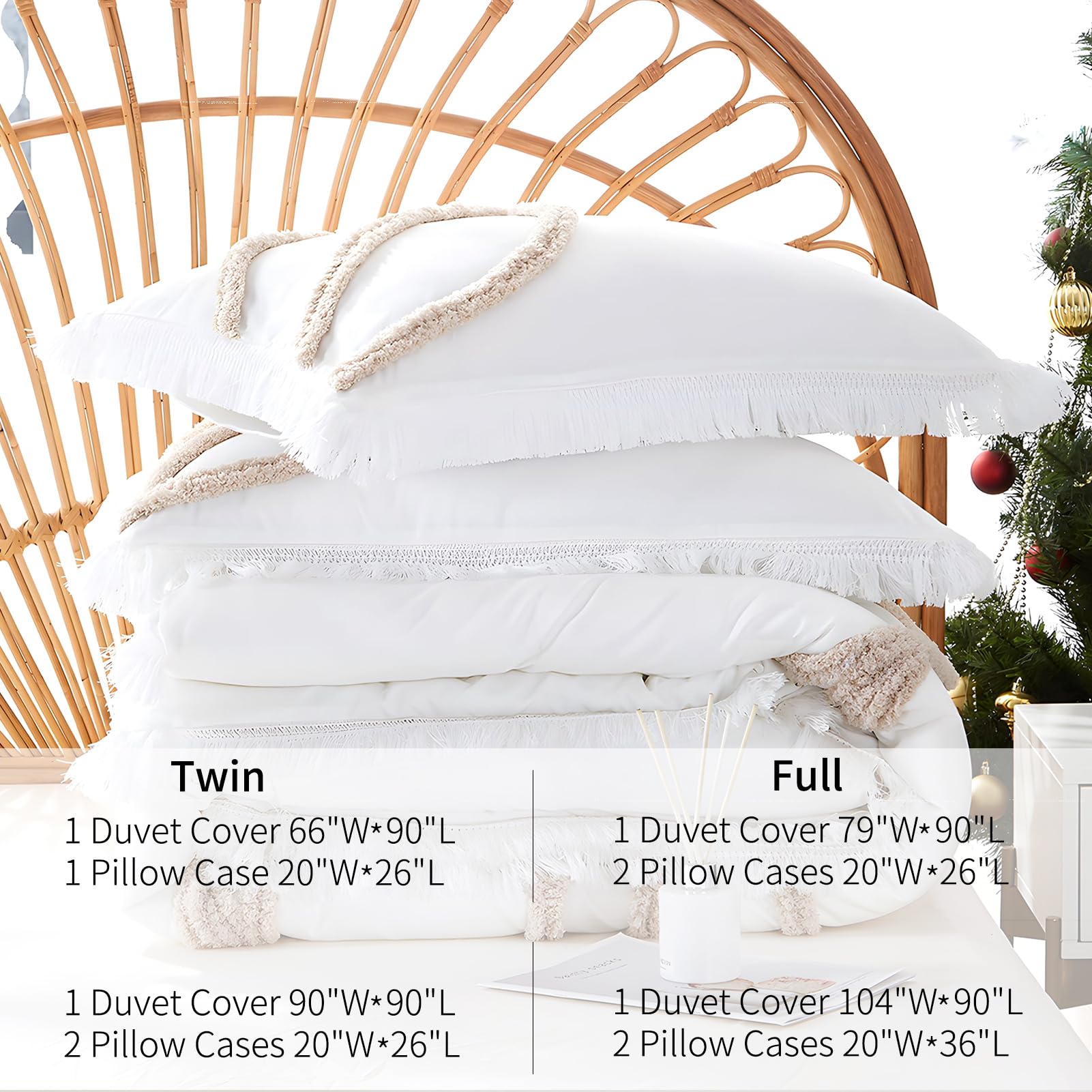 Rvciby Boho Leaf Duvet Cover Queen Size,Soft Microfiber Bedding Set with Tassel and Tufted Pattern,3 Pieces,1 Duvet Cover with Zipper Closure & Corner Ties and 2 Pillow Shams,90 X 90 Inches (White)