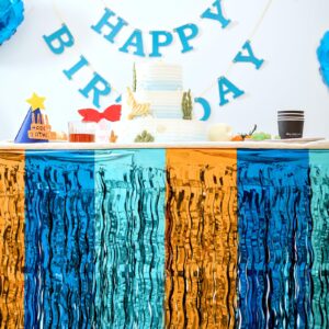 Blue Dog Birthday Party Decorations, Wavy Blue Orange Table Skirt Metallic Tinsel Foil Fringe Streamers for Square or Round Table (6ft/8ft), Blue Dog Themed Party Supplies - 29x108 Inches (2 Pcs)