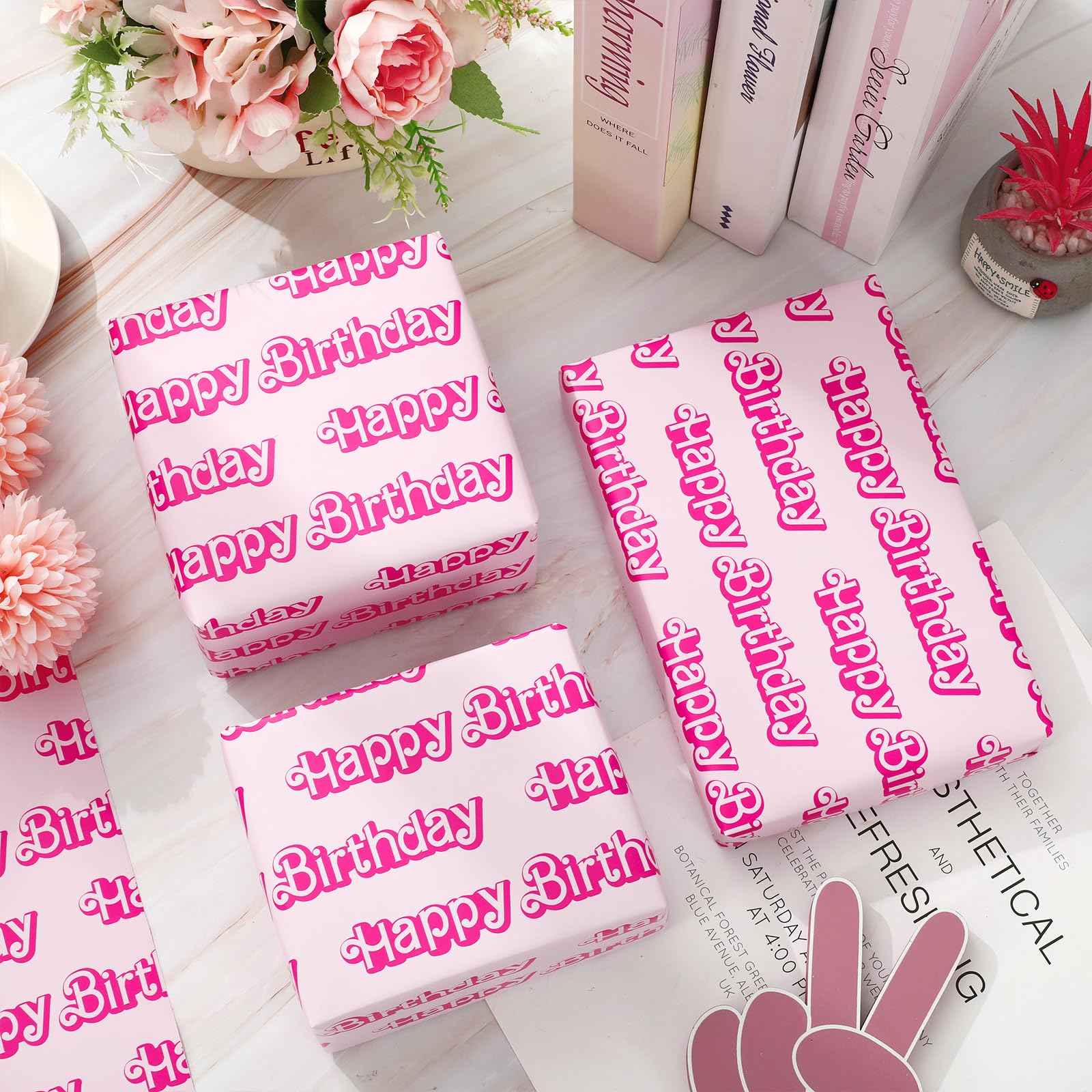 JarThenaAMCS Happy Birthday Wrapping Paper Mini Roll 17in x 32.8Ft Y2K Pink Gift Wrap Paper for Birthday Party Wrapping Supplies