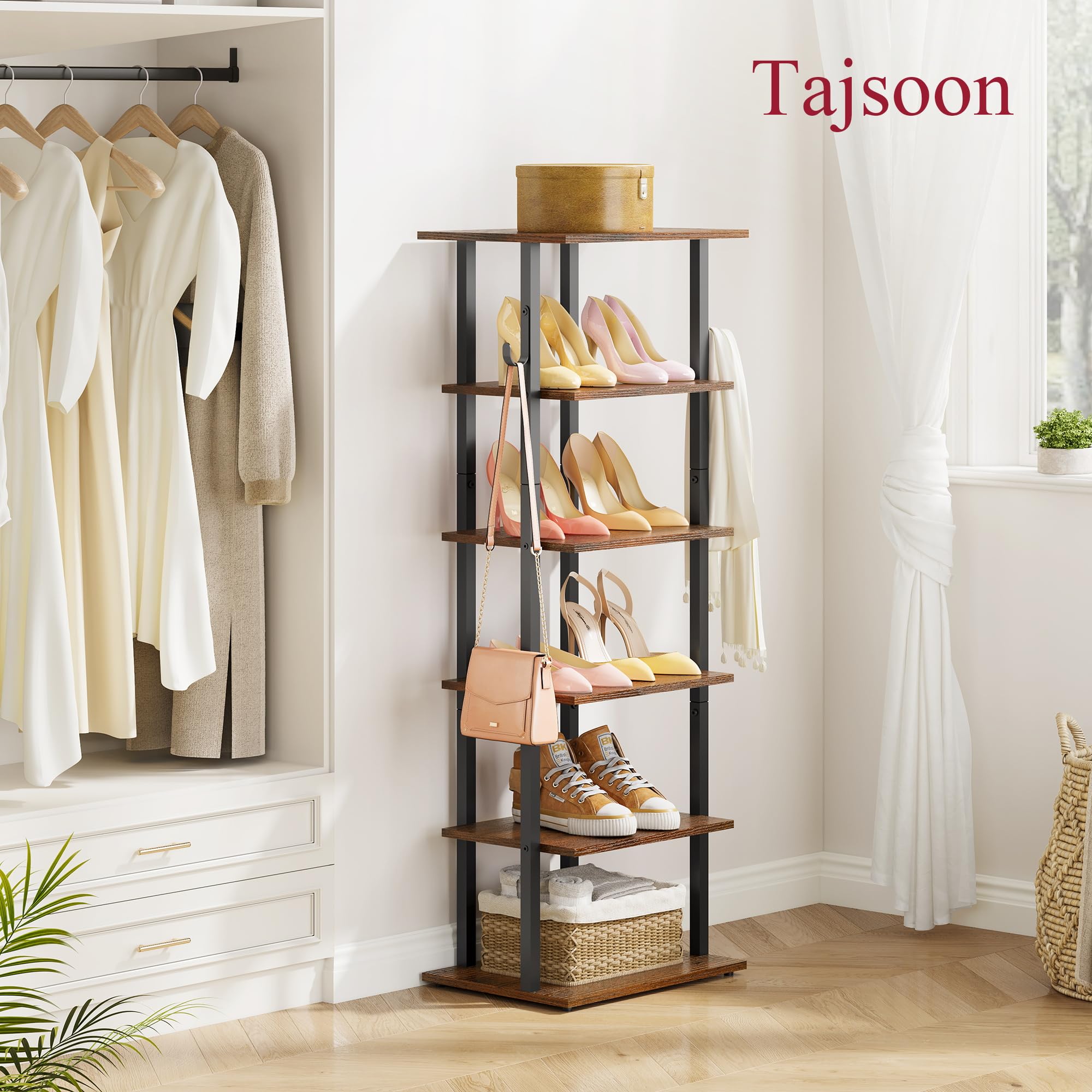 Tajsoon 6 Tier Tall Narrow Shoe Rack Organizer with 2 Hooks, Vertical Shoe Rack for Small Spaces, Shoe Shelf for 10-12 Pairs of Shoes, Small Shoe Rack for Closet, Entryway, Living Room, Bedroom