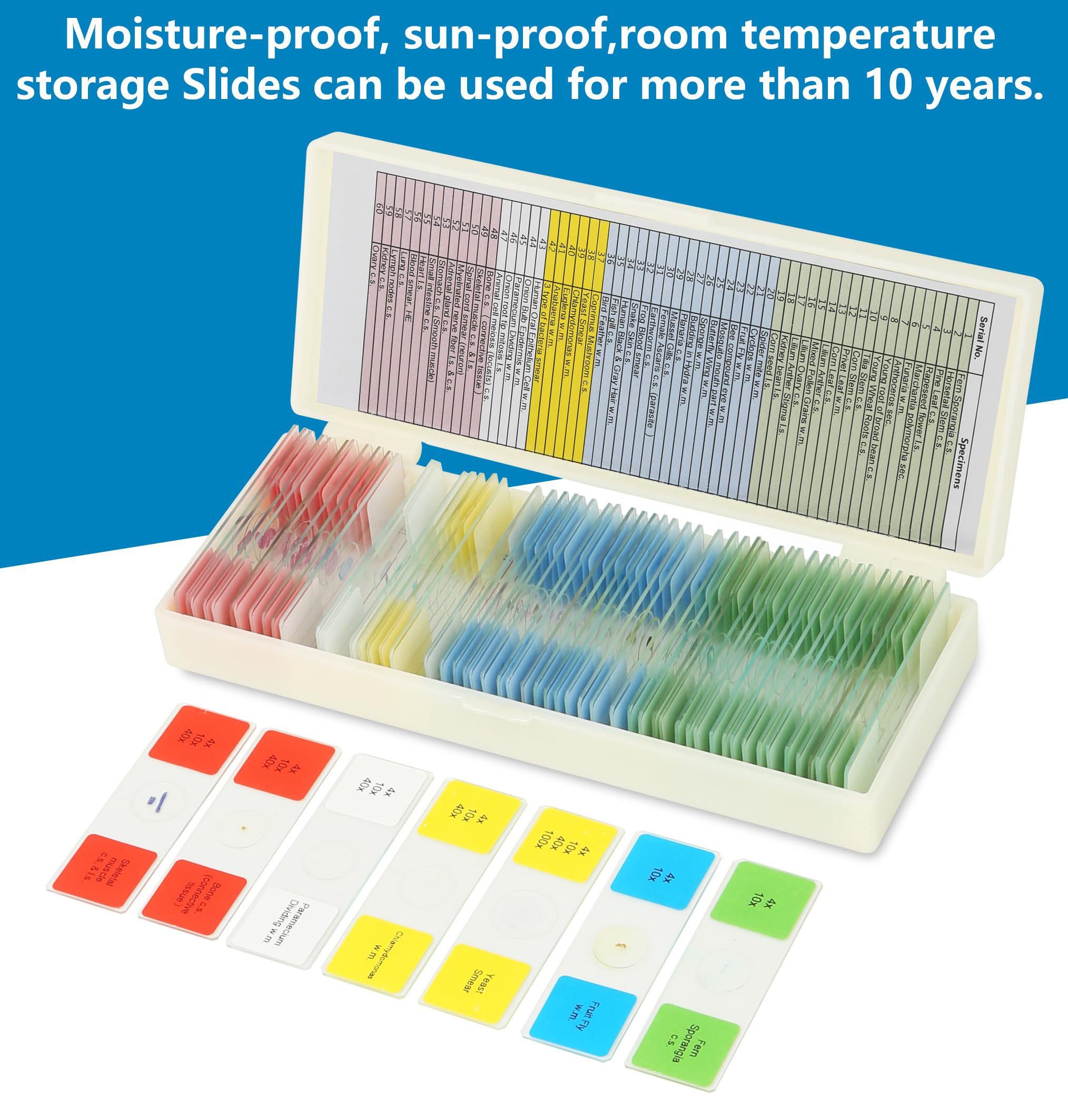 Microscope Slides for Kids Ages 8+, 60 Prepared Microscope Slides with Specimens of Animals Plants Microbe Cells and Histology Anatomy, Customized Prepared Slides for 3rd-8th Grade Kids Students