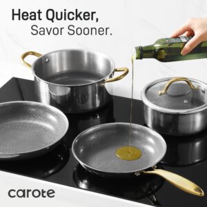 CAROTE Ceramic Tri-Ply Stainless Steel Cookware Set, 10Pcs Stainless Steel Pots and Pans with Tempered Glass Lids, Stay-Cool Handles, Dishwasher and Oven Safe up to 500°F