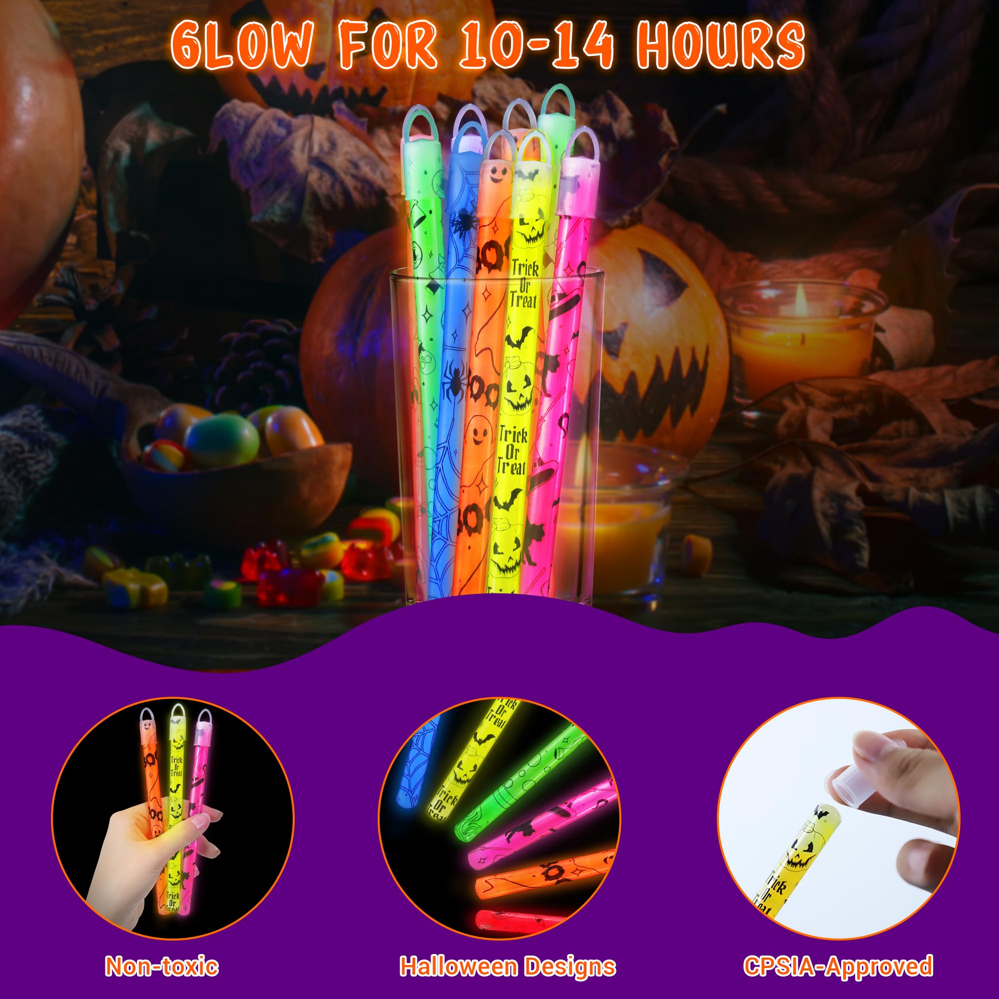 24 Pcs Halloween Party Favors Glow Stick with Gift Cards,Halloween Light Up Toys Bulk Hanging Wands,Halloween Decoration Goodie Bags Fillers Basket Stuffers Classroom Prizes for Kids Trick or Treats