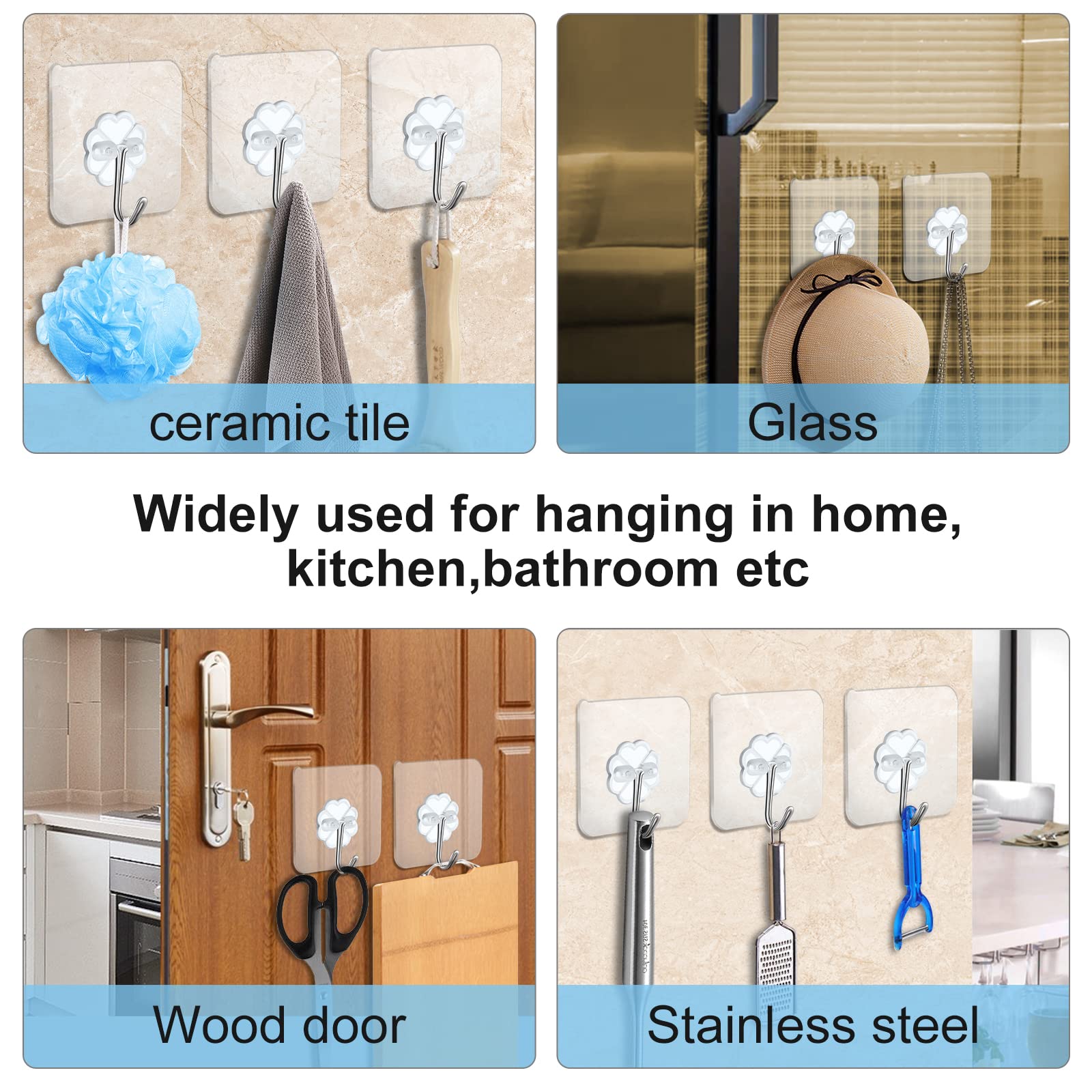 Anffeary 10 Packs Wall Hooks for Hanging Heavy Duty 22lb(Max), Waterproof Transparent Self Adhesive Wall Hooks Sticky Hooks Wall Hangers for Door Bathroom Shower Kitchen Outdoor Utility Hooks Hanger