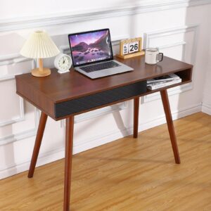 garveehome 42 inch mid century home office writing desk, modern simple computer desk with drawer and open storage cubby, small vanity table desk for bedroom, walnut