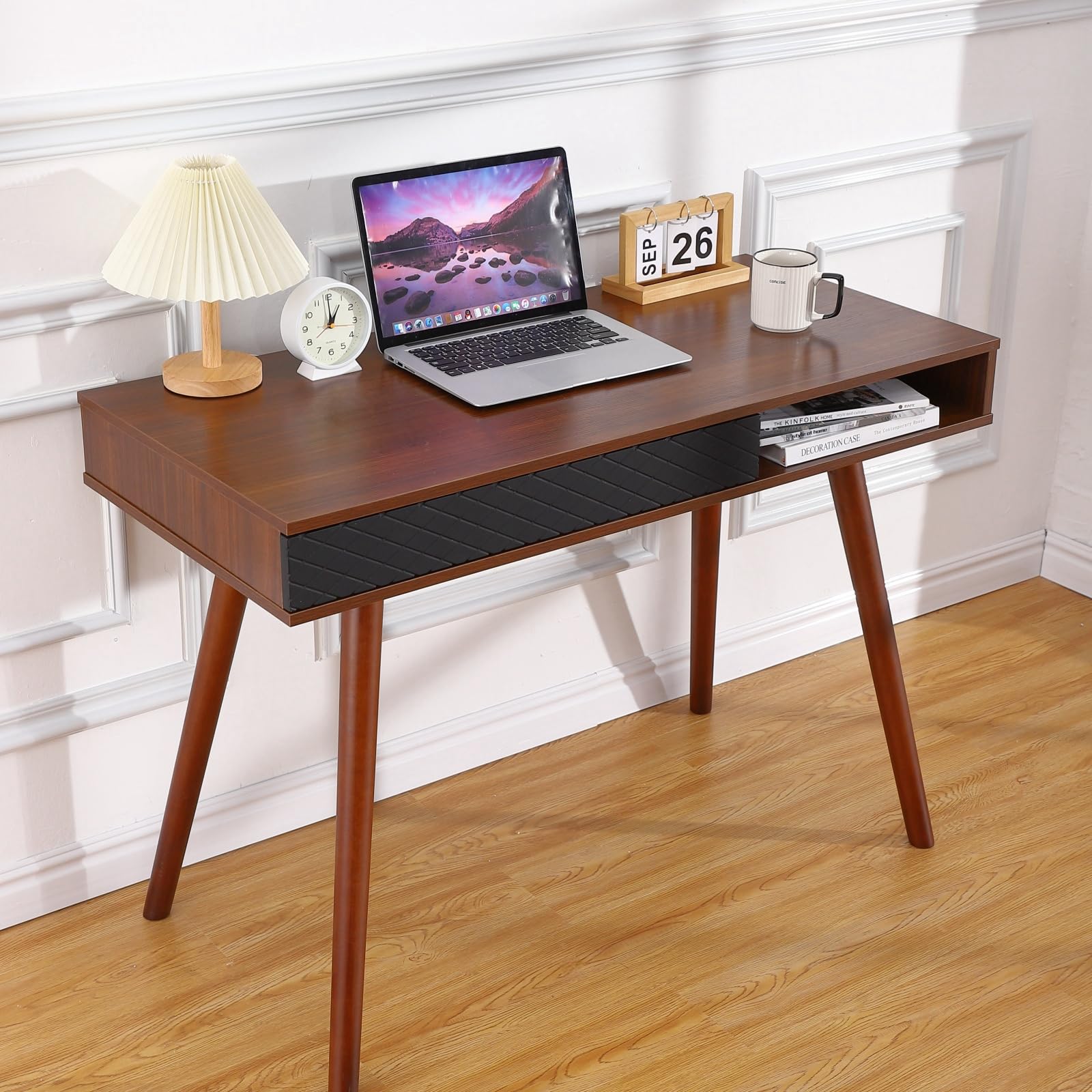 GarveeHome 42 Inch Mid Century Home Office Writing Desk, Modern Simple Computer Desk with Drawer and Open Storage Cubby, Small Vanity Table Desk for Bedroom, Walnut