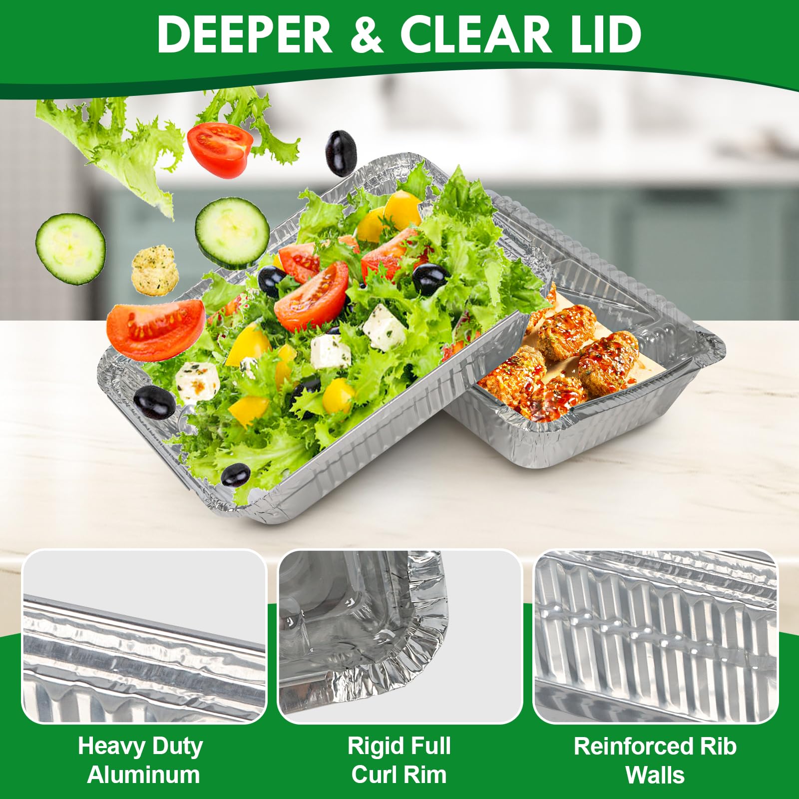 YQER 10 Pack Aluminum To Go Containers with Clear Lids, 2.25 LB Capacity (8.5''X6'') Small Aluminum Foil Pans - 10 Heavy Duty Foil Food Containers & 10 Clear Lids, Disposable Tin Foil Trays for Baking