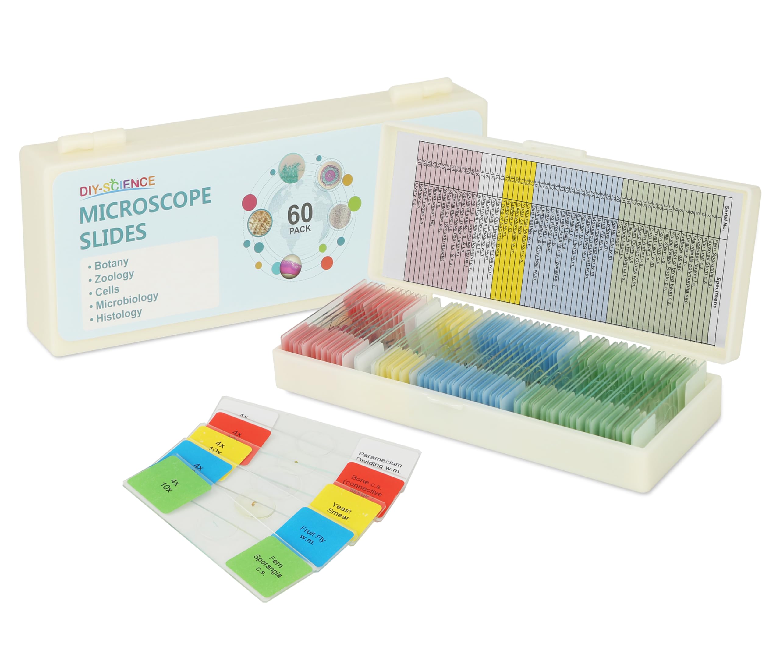 Microscope Slides for Kids Ages 8+, 60 Prepared Microscope Slides with Specimens of Animals Plants Microbe Cells and Histology Anatomy, Customized Prepared Slides for 3rd-8th Grade Kids Students