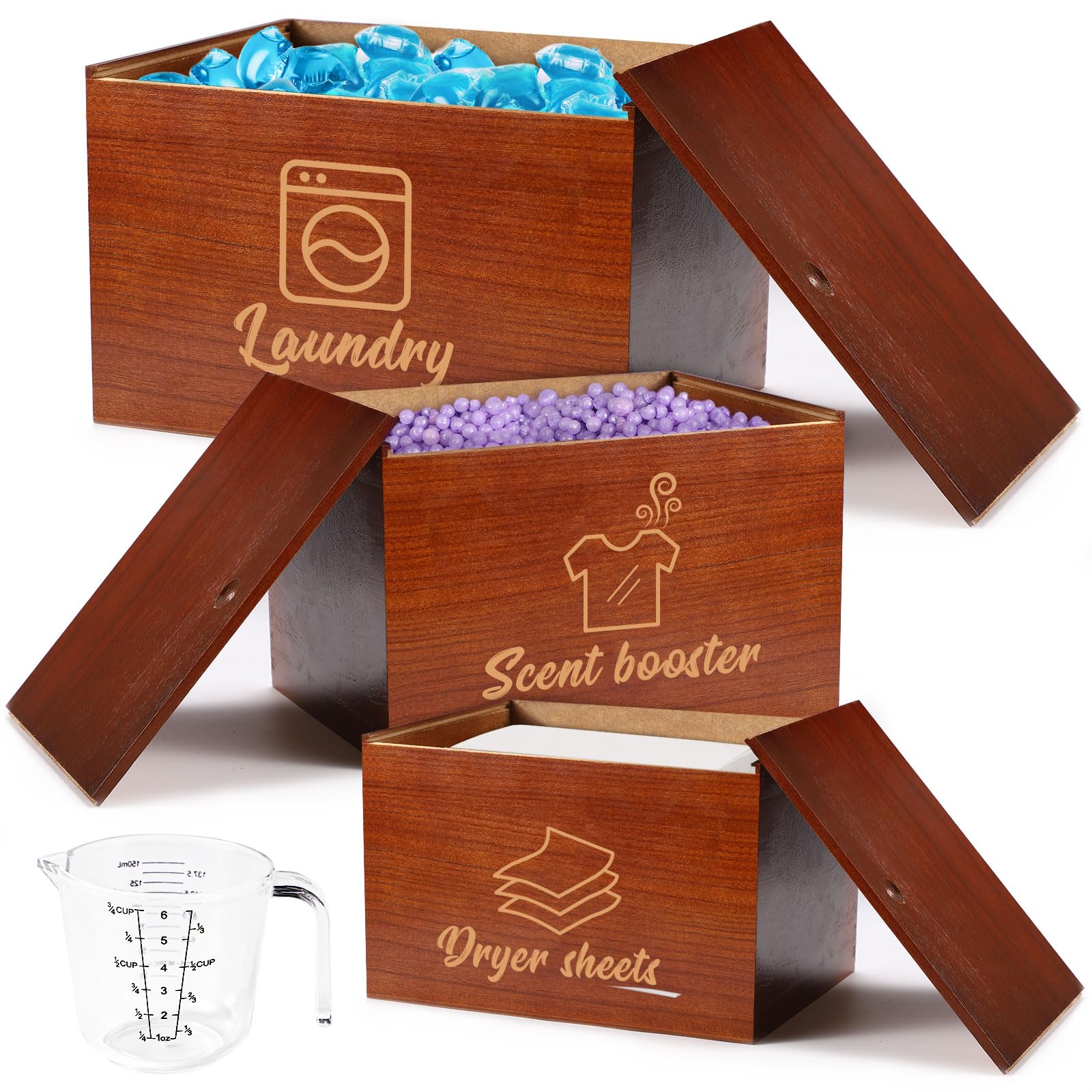 XLHOMO 3 Pcs Wood Dryer Sheet Holder Laundry Pods Holder Scent Booster Container Set with Lids and Scoop, for Laundry Room Laundry Detergent Laundry Pods Dry Sheet Organization and Storage Containers