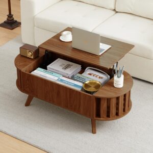 Wood Lift Top Coffee Table with Hidden Storage, 47.24" Oval Lift Table Top Curved Profile Design Low Tea Table for Living Room, Office(Walnut)