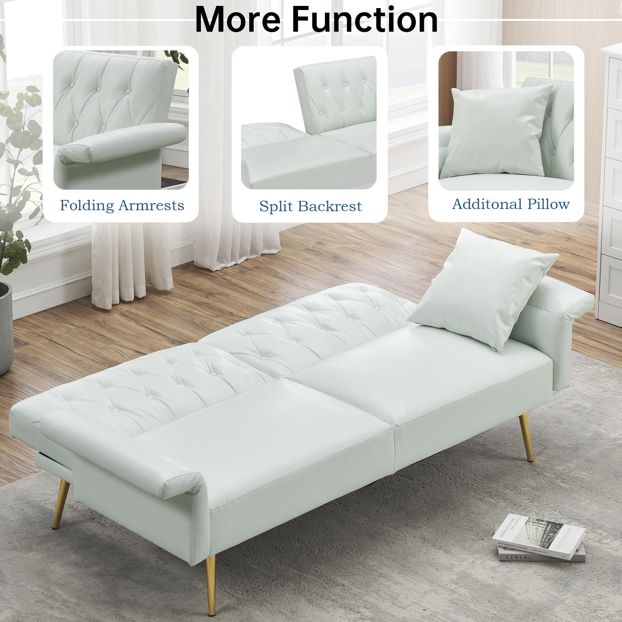 Elevon Futon Couch, Convertible Futon Sofa Bed, Faux Leather Folding Recliner Sleeper, Modern Lounge Sofa with Adjustable Armrests and Pillow for Living Room, Small Space, Office, Apartment, White