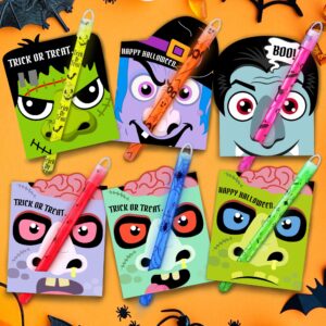 24 Pcs Halloween Party Favors Glow Stick with Gift Cards,Halloween Light Up Toys Bulk Hanging Wands,Halloween Decoration Goodie Bags Fillers Basket Stuffers Classroom Prizes for Kids Trick or Treats