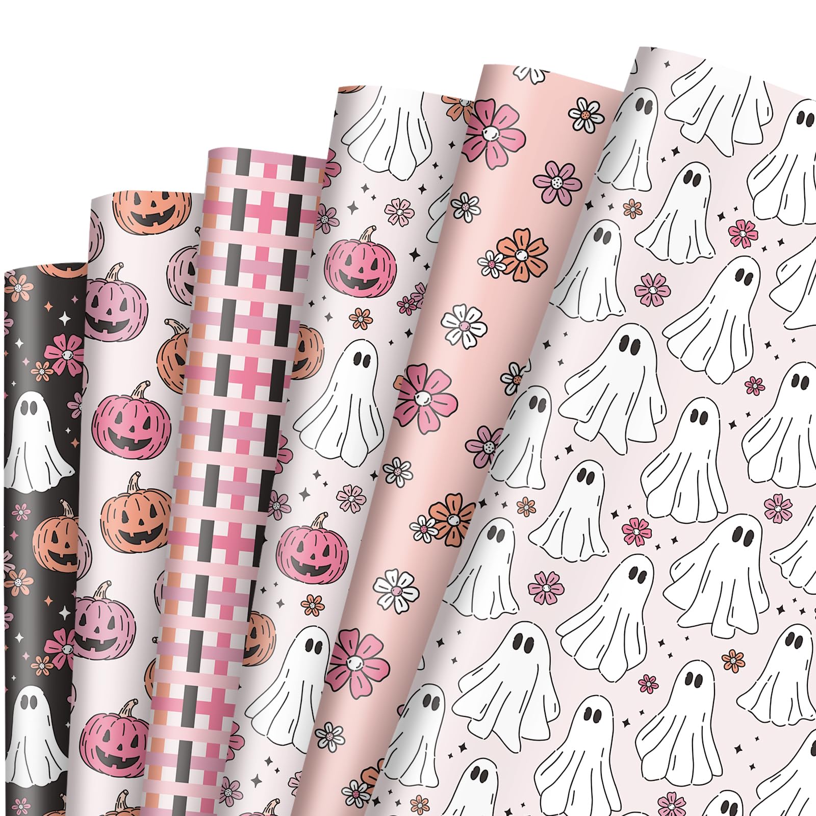 Generic AnyDesign 12 Sheets Halloween Wrapping Paper - Not Roll - Pink White Ghost Pumpkin Gift Wrap Paper Folded Flat Cute Art Paper for DIY Crafts, 19.7 x 27.6 Inch