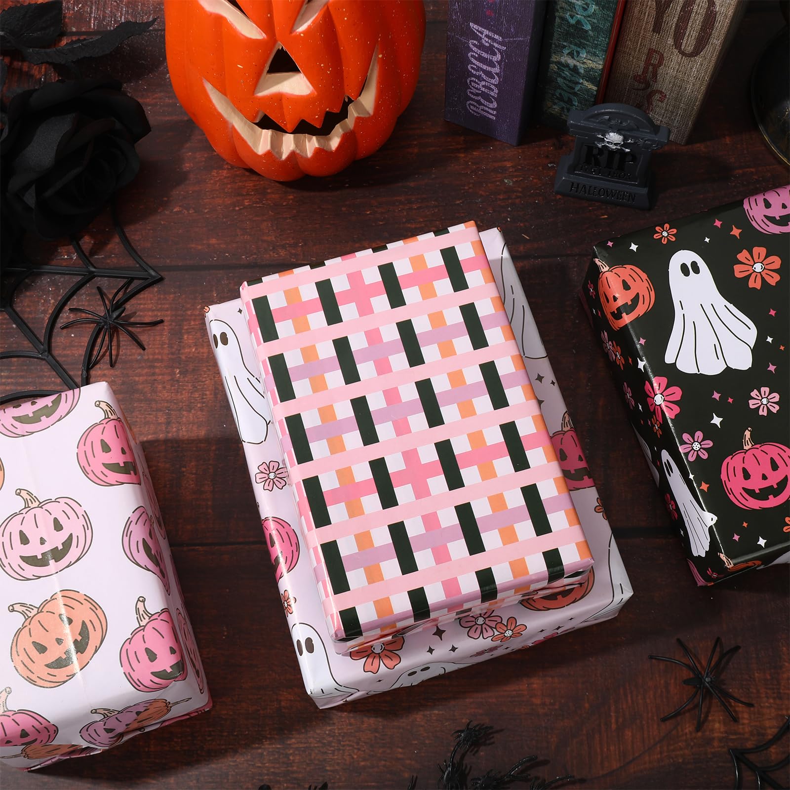 Generic AnyDesign 12 Sheets Halloween Wrapping Paper - Not Roll - Pink White Ghost Pumpkin Gift Wrap Paper Folded Flat Cute Art Paper for DIY Crafts, 19.7 x 27.6 Inch