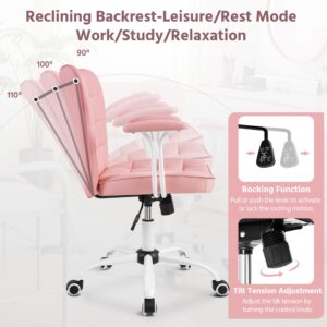 Yaheetech Mid Back Faux Leather Office Chair Adjustable Tilting Vanity Chair Modern Upholstered Desk Chair Task Chair with Detachable Padded Armrests for Home/Office,Pink